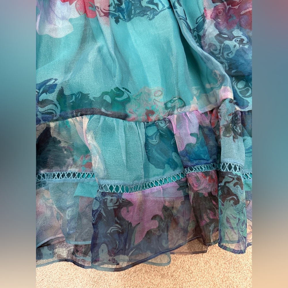 Cynthia Rowley Teal Watercolor Organza Mini Dress - size Small - PRISTINE - Picture 8 of 15